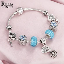 Хрустальные синие Бусины Браслеты для женщин Посеребренная Корона замок Единорог браслет Pulseira модные ювелирные изделия подарок для девочки