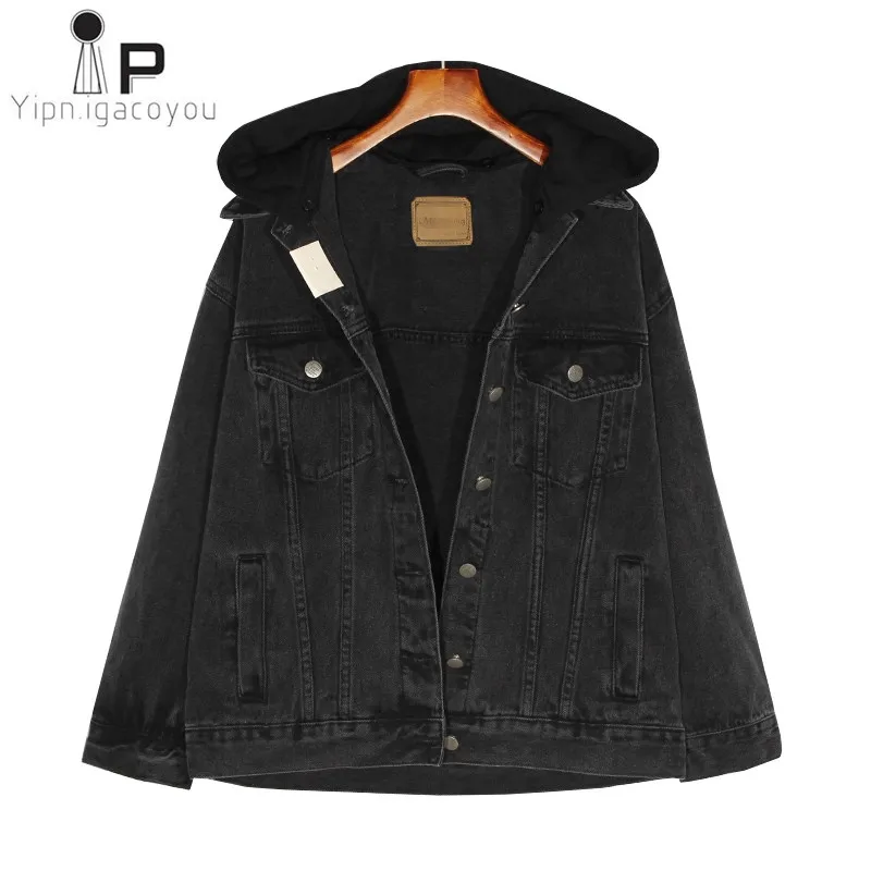 incredible  Harajuku Denim Jacket Women Denim Coat Korean adies Autumn Hooded Black Jeans Jacket Women Clothes 