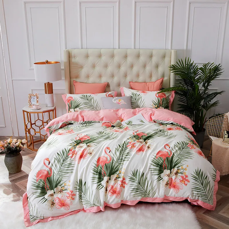 

New Product printed plants 4 Pcs Bedding Set egyptian cotton Bedclothes pink gray Bed Linens Duvet Cover Set Bed Sheet/fit sheet