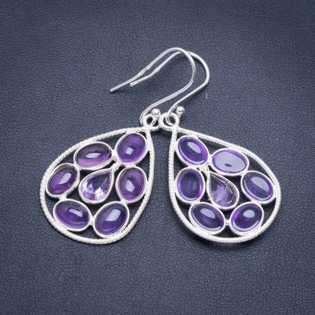 

Natural Amethyst Handmade Unique 925 Sterling Silver Earrings 2" A2010