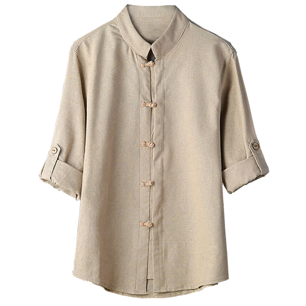 2018 جديد أزياء الساخن الرجال الكلاسيكية النمط الصيني الكونغ فو قميص قمم تانغ دعوى 3/4 كم الكتان بلوزة عالية الجودة الراحة c0409