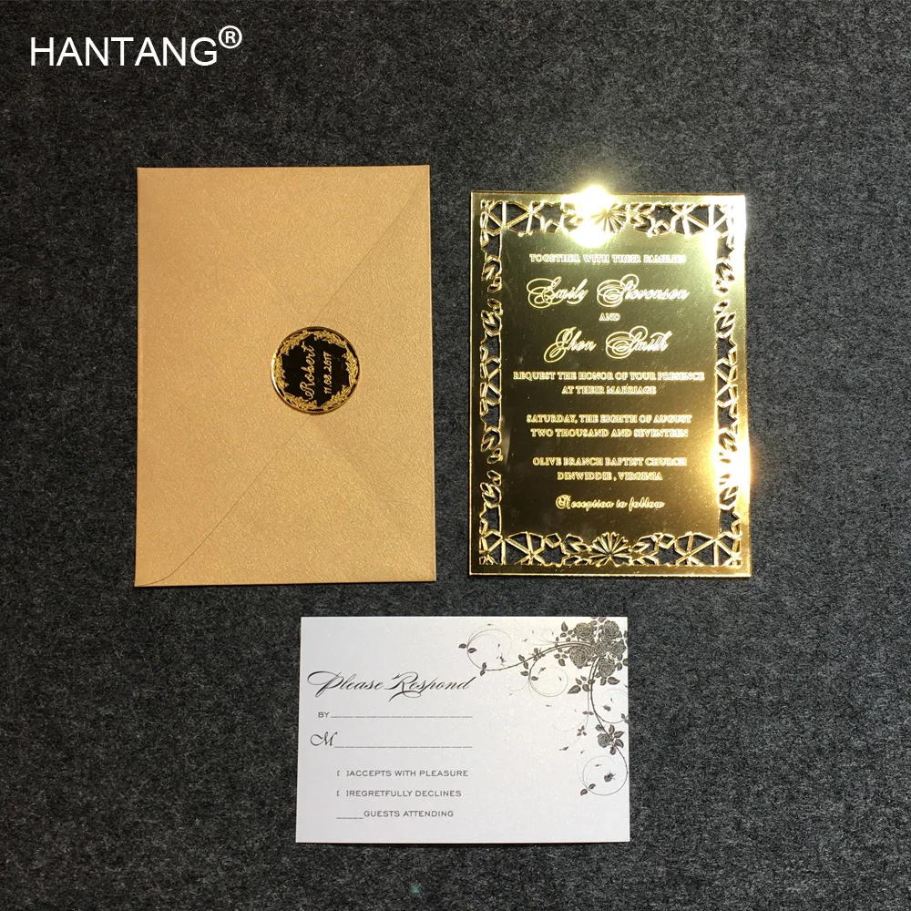  Luxury 5X7inch Golden Mirror Acrylic Wedding Invitation Card 100 Sets Per Lot - 32826985595