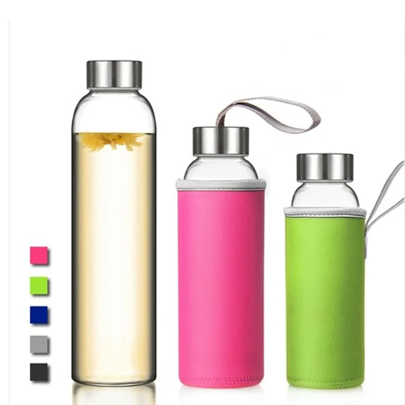 UPORS Glass Water Bottle 280ml/360ml/550ml Sport Bottle with Stainless Steel Lid and Protective Bag BPA Free Travel Drink