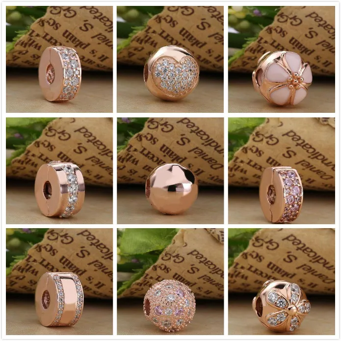 

The New Sparkling Rose gold series pave CZ clasp clip Beads 925 Sterling Silver Fits Pandora charms Bracelets DIY Jewelry making