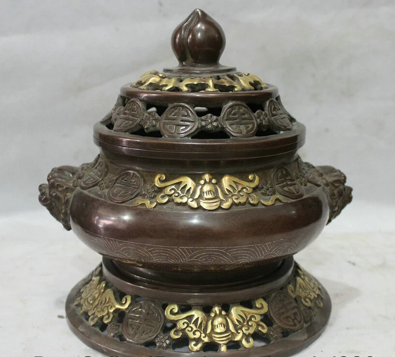 

Collectible bronze S1529 10" Marked Chinese Purple Bronze Gold Lion Head Fu Bat Incense Burner Censer