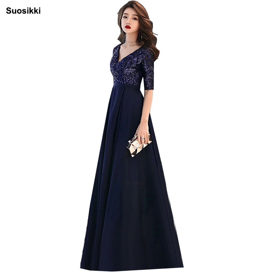 

Suosikki V-neck Navy Blue Long Evening Dress Beaded Vintage Prom Gowns Vestido De Festa half sleeve Cheap Evening Gown