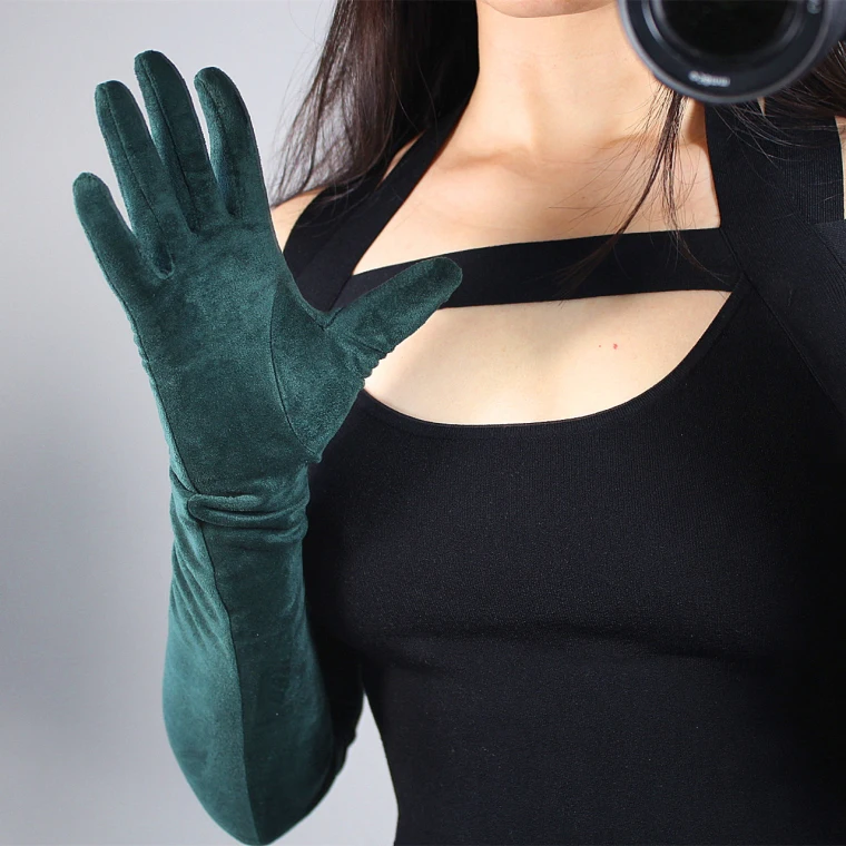 Женская искусственная замша кожа темно-зеленая длинная перчатка s женское сексуальное Клубное вечернее платье Модная длинная перчатка 70 см R1304