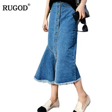 RUGOD/Новинка года; Повседневная Женская Стандартная юбка; сезон лето-осень; асимметричная рваная Женская винтажная джинсовая юбка до середины икры на пуговицах