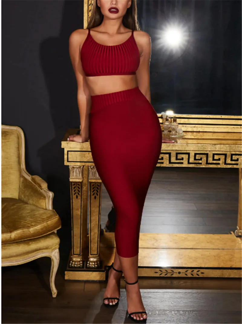 

New Arrival Women Sets Strap Short Tops With Skirts Mid Calf 2 Pieces Bandage Sets Evening Party Clothes