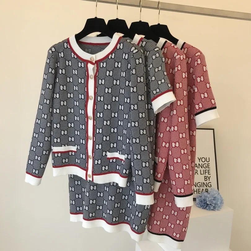 Taotrees Women Contrast Pattern Dress + Jacket Knit Two Piece Set