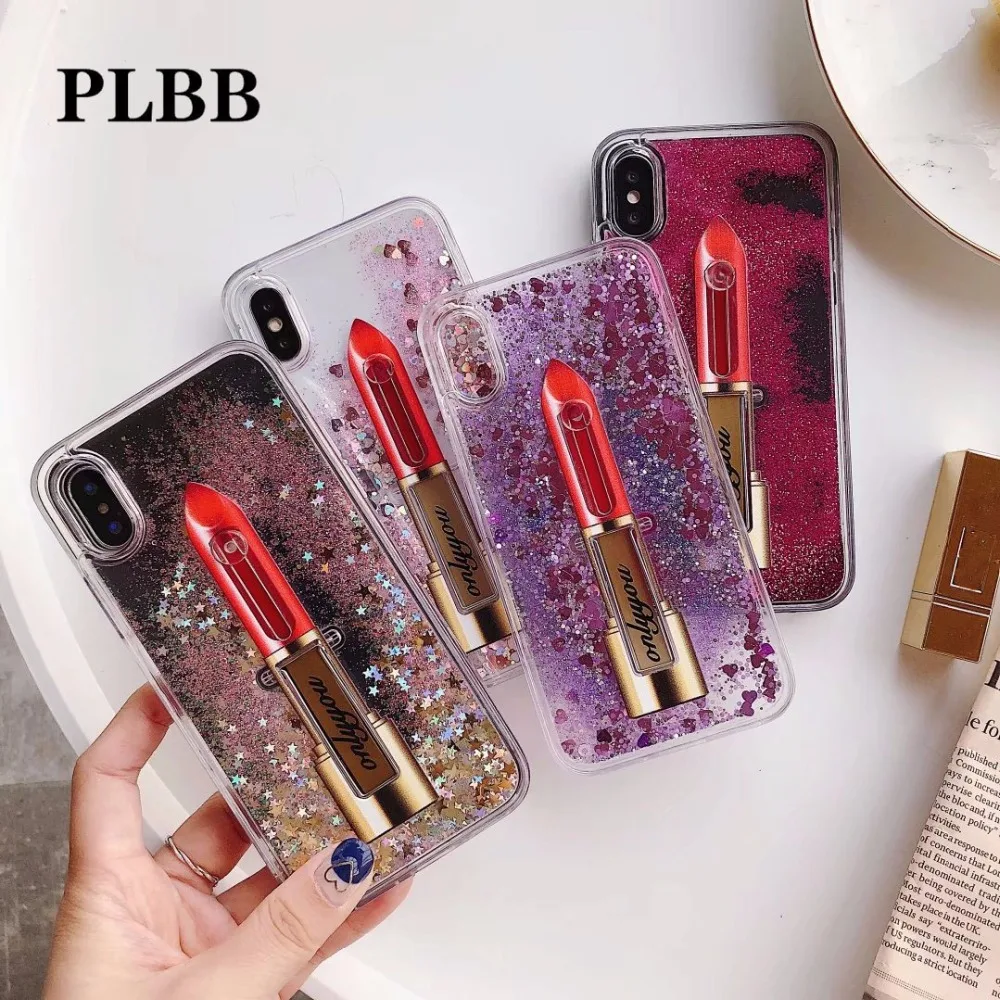 

PLBB Fashion Girls Liquid Quicksand Case for iPhone X 6 6S 7 8 Plus Bling Star Sequin Lipstick Soft Phone Cover Stander+Holder