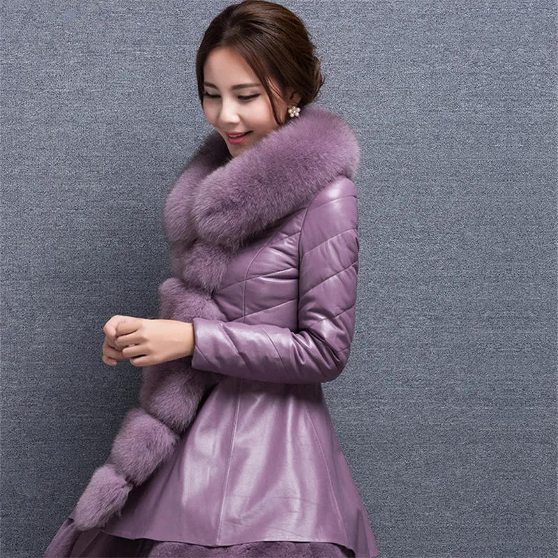 

2018 High Quality Faux Fox Fur Collar Sheepskin Leather Jacket Women Skirt Coat 90% White Goose Down Women Jacket Winter WUJ0621