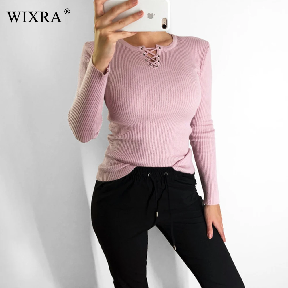 

WIXRA 2018 Autumn Winter Women's New Sweater Long Sleeve Lace Up Fashion Pullovers Knitted Tops Pull Knit Jumper Top Sweaters