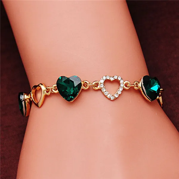 Guvivi, романтические браслеты с сердцем для женщин, золотой цвет, хрустальные браслеты с подвесками, браслеты, Модный женский ювелирный браслет, бижутерия - Окраска металла: Green