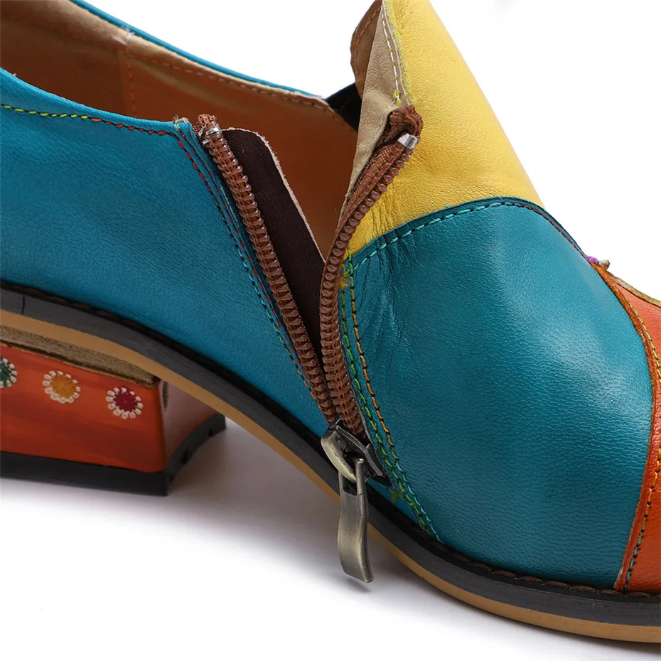 2019 New Genuine Leather Women Pumps Handmade Color Block Loafers Oxfords Shoes For Woman Med Heels Ladies Single Shoes Big Size (5)