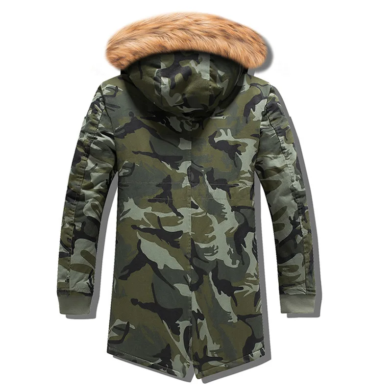 Модная зимняя мужская куртка с меховым воротником, Толстая теплая парка, мужская верхняя одежда с капюшоном, камуфляжная Военная длинная куртка, бархатный Тренч, повседневные топы