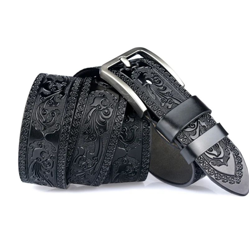 

Carved floral cow genuine leather men pants waist belt long fashion Buckle strap jeans ceinture Vintage black High Quality wide