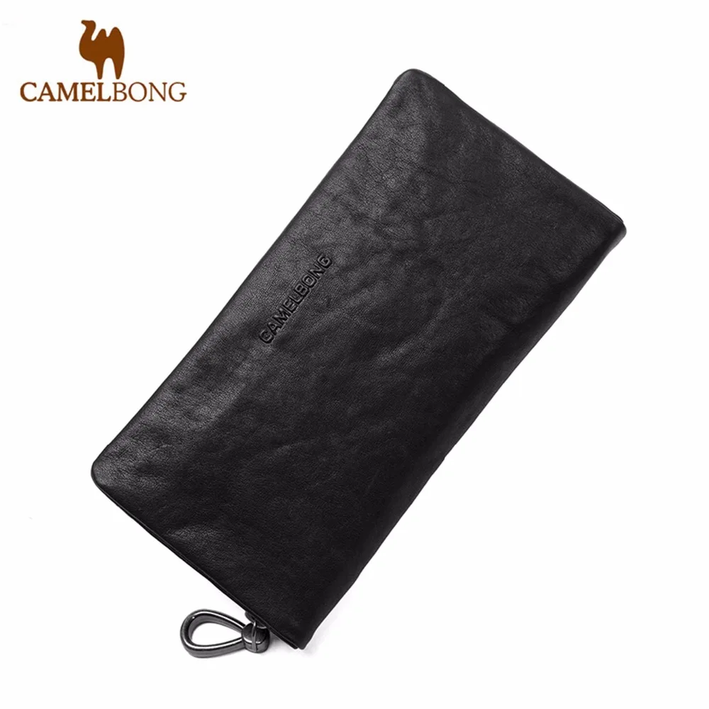 CamelBong 2017 Brand Designer Top Cowhide Leather Men's Long Wallet Clutch Wrist Bag Black Wallets and Purses Card Holder