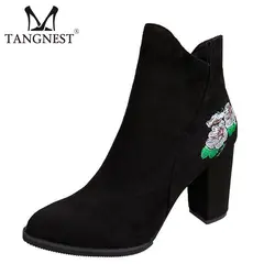 Tangnest/осенние женские замшевые ботильоны в стиле ретро с вышивкой и боковой молнией; женская обувь на квадратном каблуке; модные