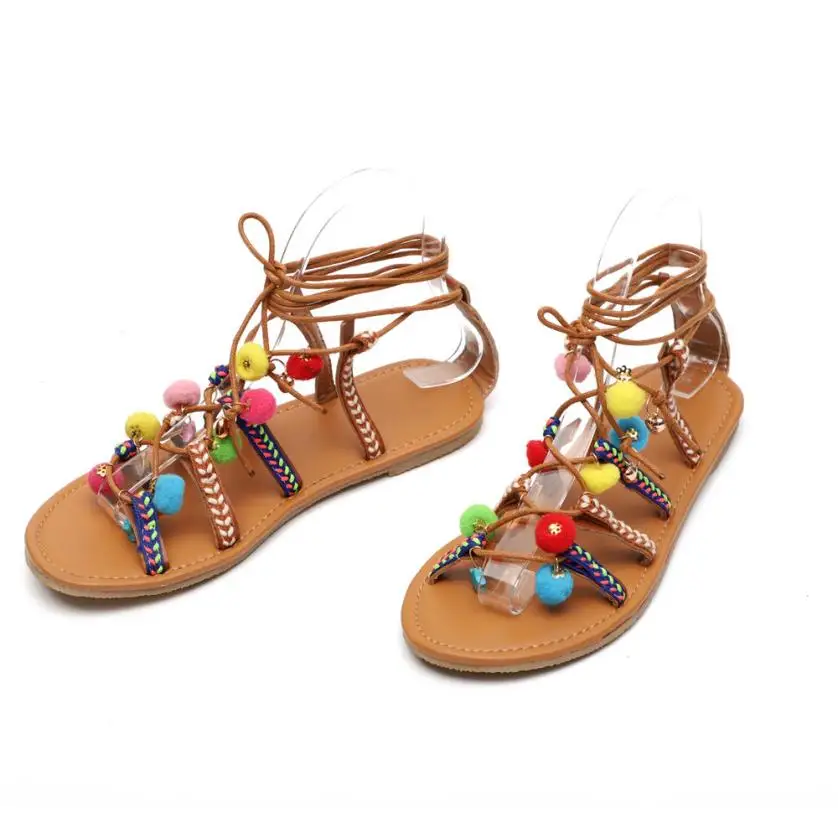 

Xiniu Women Bohemia Sandals Gladiator Leather Sandals Flats Pom-Pom Sandals strappy Flat with Platform Summer Open Toe Shoes
