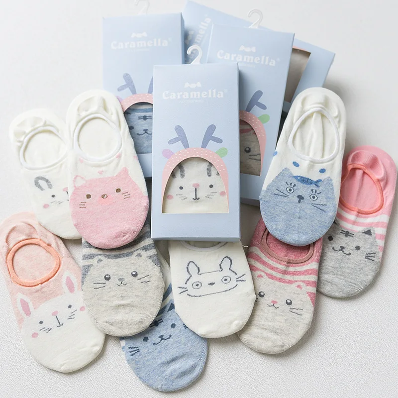 

2 pairs 22cm Cotton Women spring lovely animals painting Khaki cats boat Socks Street Tide Casual Funny stretch 10870