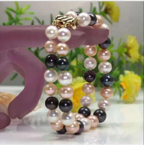 

Shipping >>>>natural 2 Row 9-10mm south sea white black pink Pearl Bracelet 14k