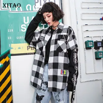 

[XITAO] False Two Pieces Women Fashion Turn-down Collar Full Sleeve Plaid Shirt Female Contrast Color Patchwork Shirt LYH3035