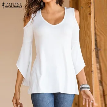 

Autumn Shirts 2020 ZANZEA Women Blouses Sexy Off Shoulder V Neck Flare Sleeve Casual Solid Slim Blusas Plus Size Tops