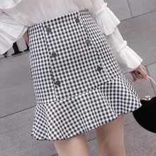 Бренд rubu Весна Лето Высокая талия Русалка Женская юбка тонкая клетчатая юбка трапециевидной формы двубортный Хвост сумка Хип Мода юбка
