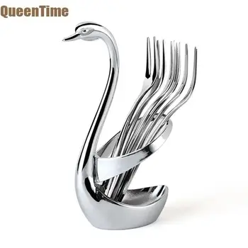 

QueenTime Stainless Steel Fruit Salad Fork Set With Swan Shape Base Mini Cake Pastry Forks Food Stick Creative Kitchen Accessory