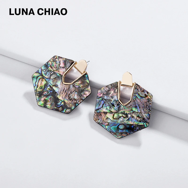 

LUNA CHIAO 2019 New Jewelry Geometric Hexagon Acrylic Blue Shell Plate Acetate Statement Earring Big Fashion Earrings for Women