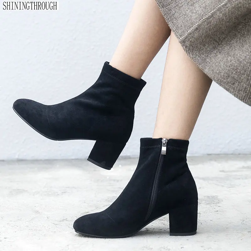 

women suede leather high heels ankle boot genuine square leather toe ladies boots thick high heel shoes large size 34-43