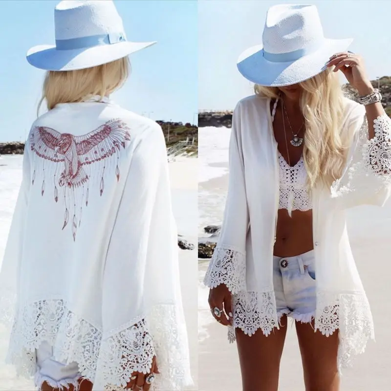 

Swimsuit Beach Women Dress Capes Skirt Dresses Outings Coverup Eagle Printed Chiffon Lace Stitching Large Size Shirts Polyester
