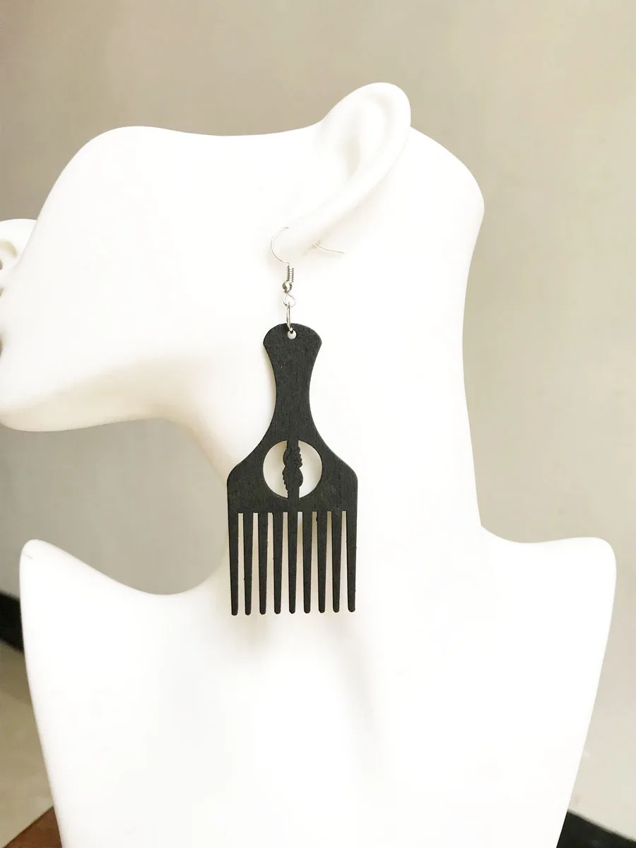 

1 pair black african map comb wood earrings , Afro pick gift wooden Jewelry , have 2 color , can choose