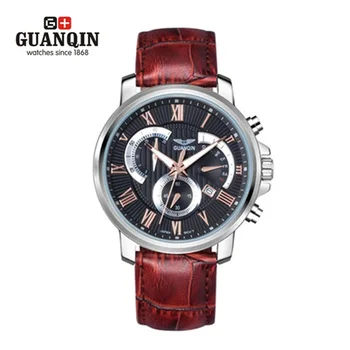 

Brand GUAQIN Men Watch Luminous Waterproof Quartz Watch Luxury Fashion Mens Leather Strap Analog Male Wristwatches Week Display