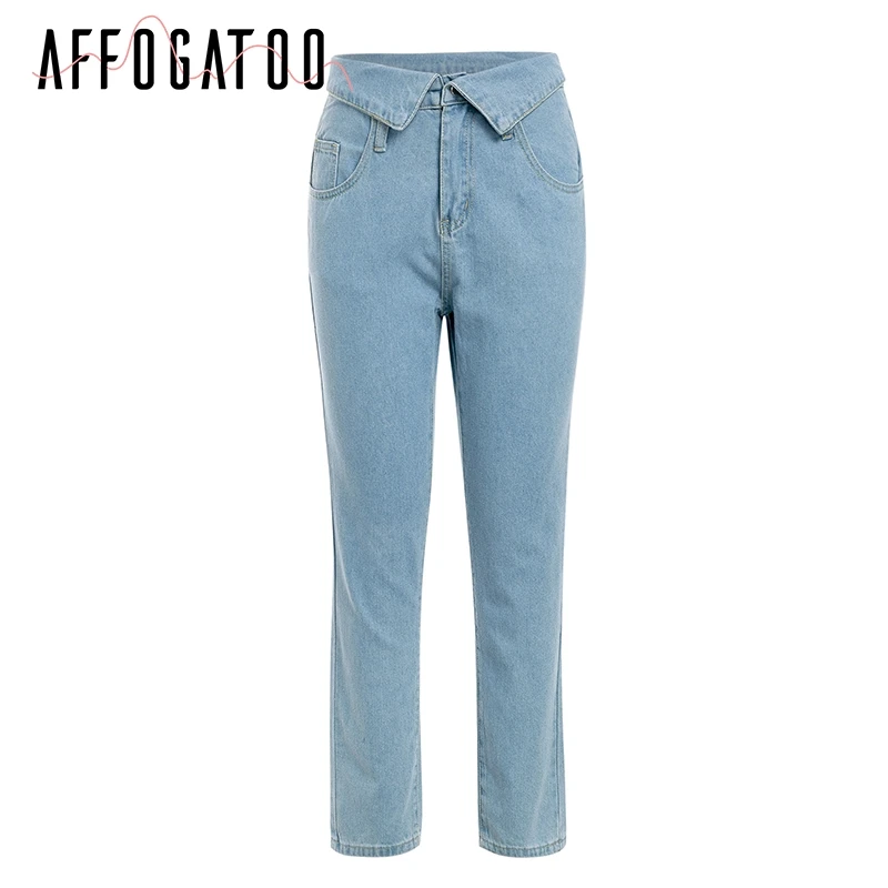 Afogatoo светильник, синие женские джинсы с карманами, Женские повседневные джинсовые брюки с высокой талией, уличная одежда, обтягивающие женские джинсовые брюки