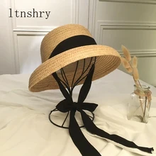 New fashion women' Summer sun hat Handmade Raffia cap Visor Ribbon hat Wide side Travel vacation Beach hat Elegant lady seaside