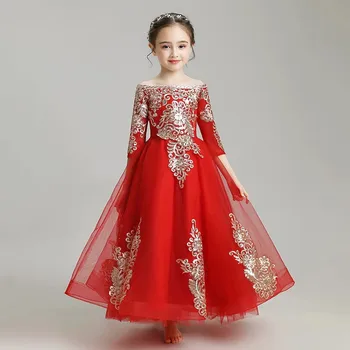 

Good Quality Children Girls Embroidery Lace Shoulderless Collar Red Birthday Wedding Party Dress Baby Kids Noble Piano Dress