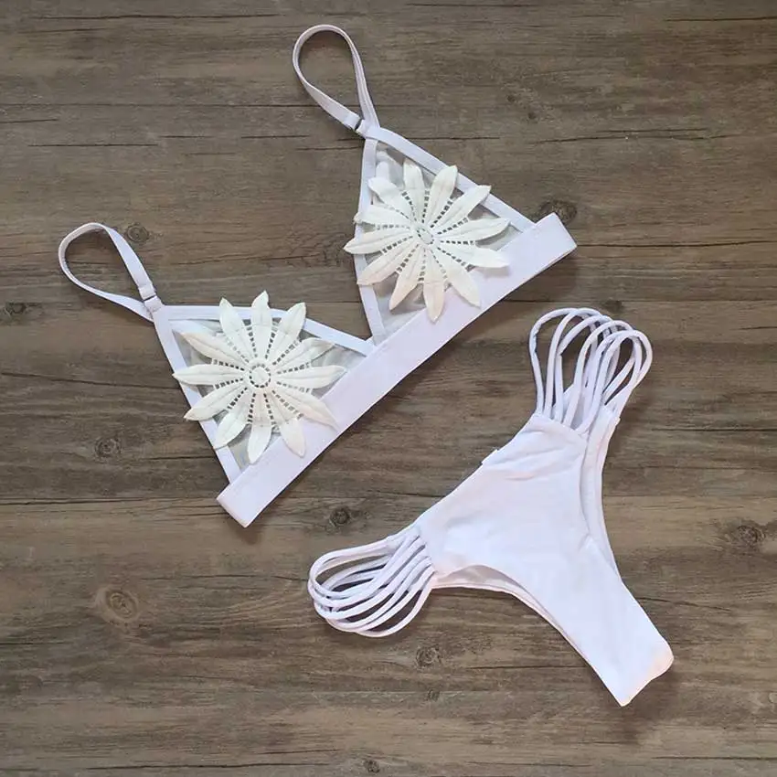 Купальный костюм из двух частей,, сексуальный 3D Цветочный купальник, бикини для женщин, белый комплект бикини, Бразильский бикини, пуш-ап, женские купальные костюмы