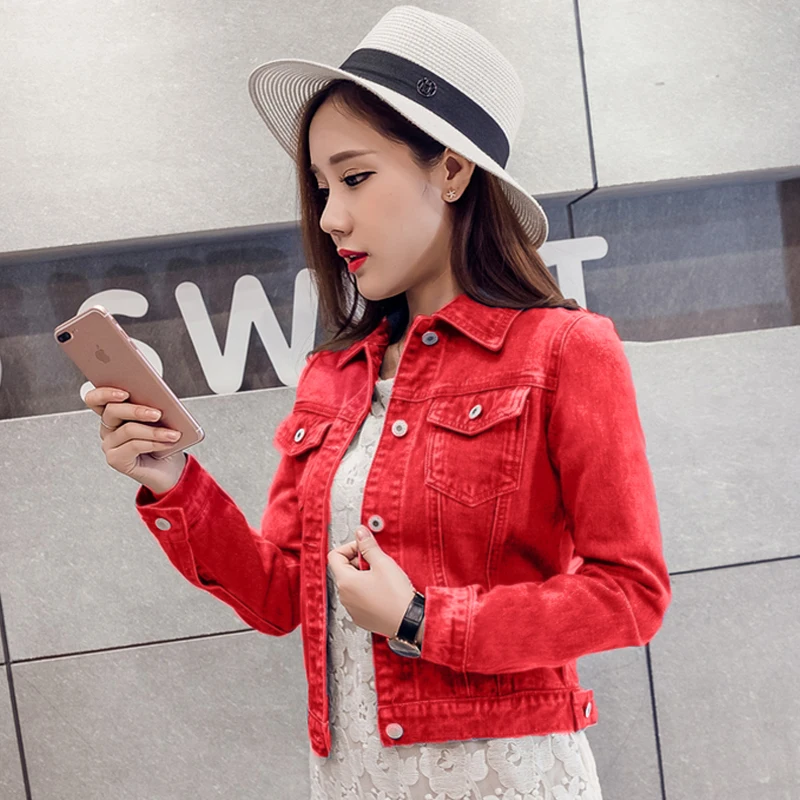 2018 New Arrival Red Women Autumn Denim Short Jacket Coats for Ladies