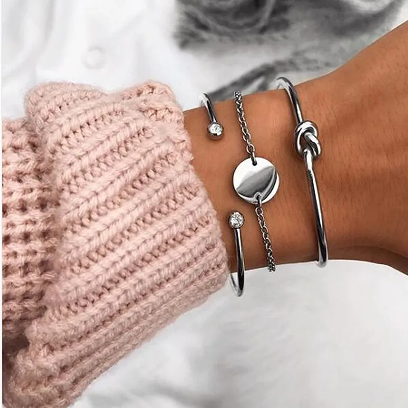 

Mavis Hare Stainless Steel Circle Coin Bracelet Silver with Kont Bangle Bracelet and Crystal Cuff Bangle High Quality Jewelry