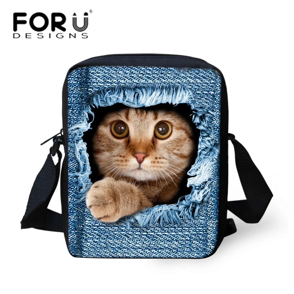 Brand Designer Women Messenger Bags 3D Blue Jean Kitty Cat Shoulder Bags Fashion Crossbody Bag For Girls Mini Woman Travel Bags