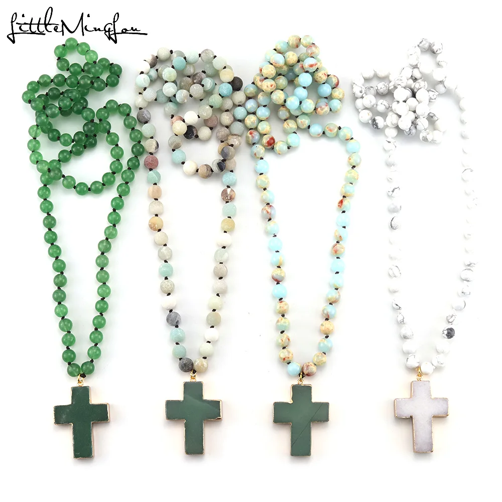 Fashion Bohemian Tribal Jewelry Natural Stones Beads Knotted Stone Jesus Cross Pendant Girl Necklaces Women Ethnic Necklace