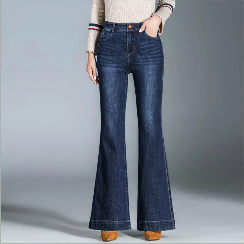 

2019 autumn and winter office lady cotton plus size brand high waist female women girls flare pants jeans clothes 79334