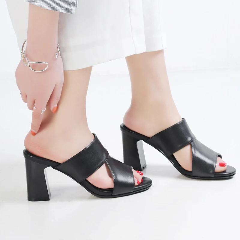 

SARAIRIS New Top Quality Genuine Leather Summer Mules Pumps Shoes Woman Fashion Square High Heels Cow Leather women's Shoes