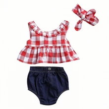 Новинка года, милые для младенцев, одежда для маленьких девочек топы без рукавов+ джинсовые шорты+ повязка на голову, комплект детской одежды