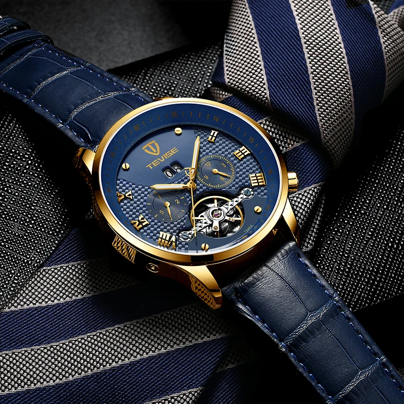 Новая мода TEVISE группа мужские часы турбийон механические часы кожаный ремешок неделя Дата месяц водонепроницаемые наручные часы