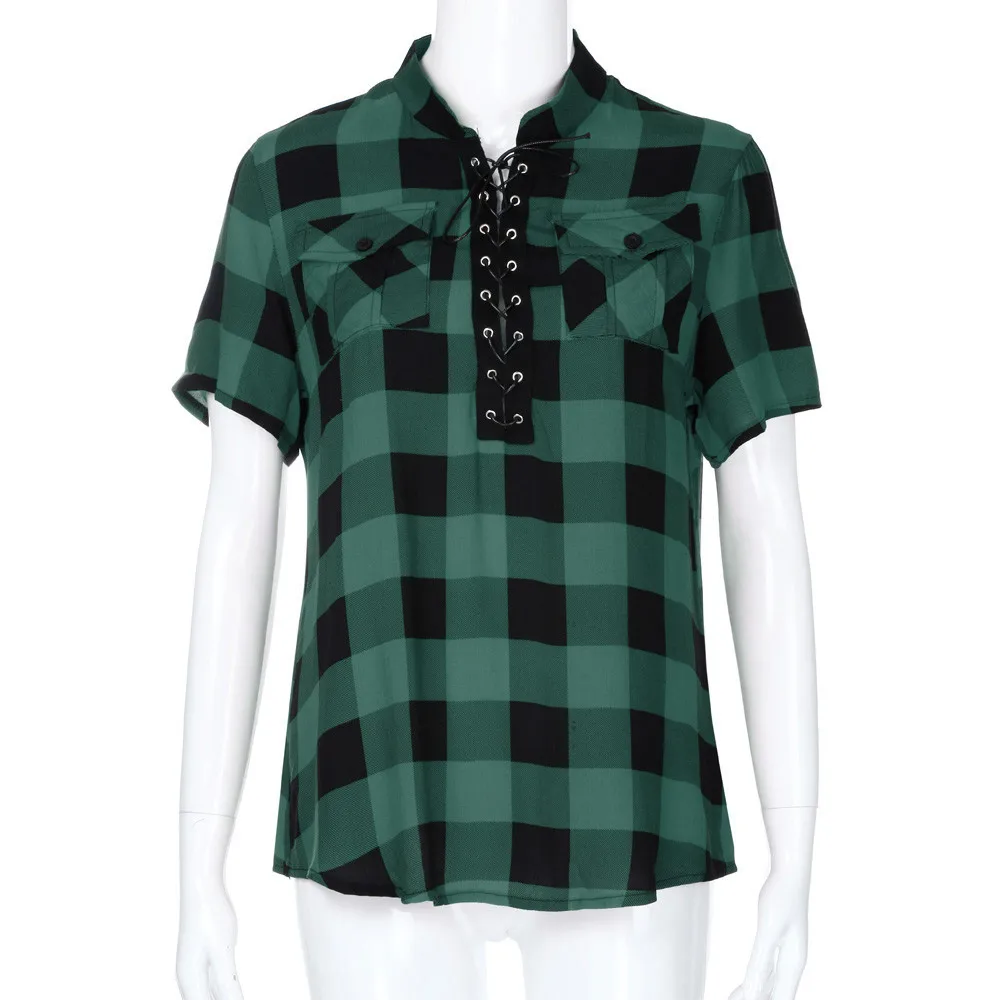 Женские клетчатые рубашки весна 2019 блузки с коротким рукавом для офиса Женская