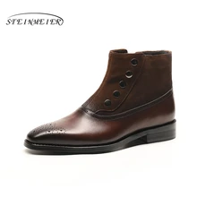 Men winter Boots Genuine cow leather chelsea boots brogue casual ankle flat shoes Comfortable quality soft handmade brown black