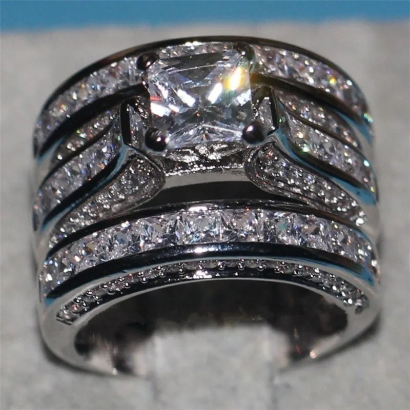 Female Big Zircon Ring Set Crystal Silver Color Yellow Gold Bridal Ring Wedding Jewelry Promise Engagement Rings Women